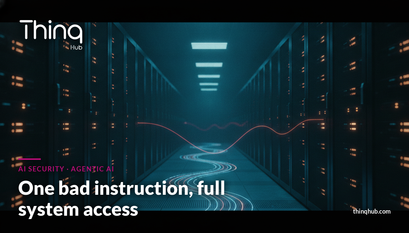 Cinematic dark server room at night with a single red data thread breaking away from a converging stream of blue light trails, no visible people or text