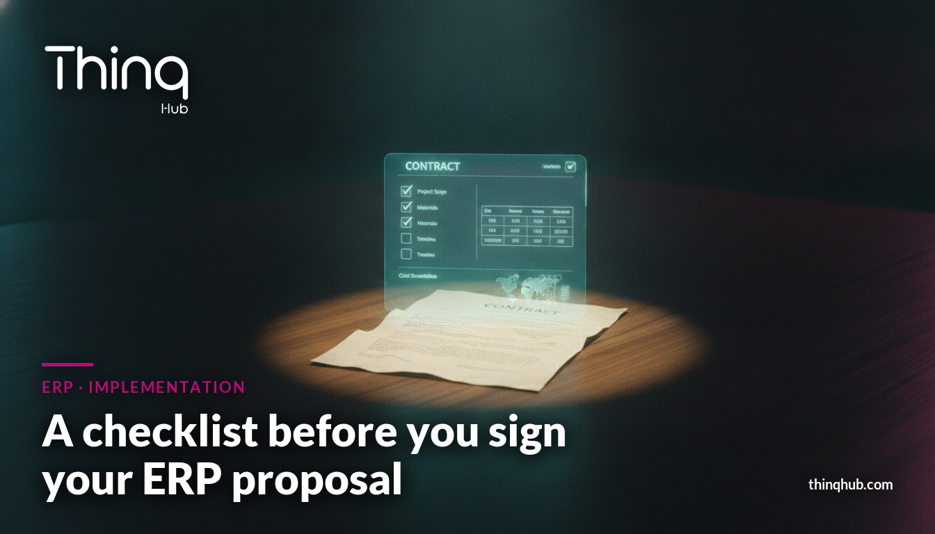 Abstract editorial illustration of a document being checked line by line against a glowing checklist, dark navy background with teal and violet accents